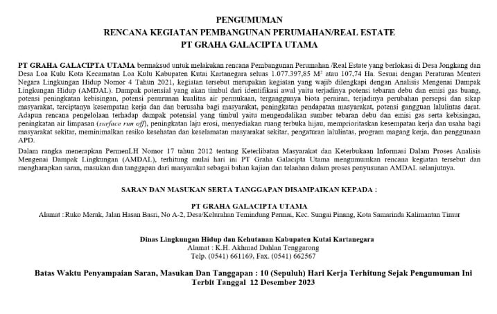 PENGUMUMAN RENCANA KEGIATAN PEMBANGUNAN PERUMAHAN/REAL ESTATE PT GRAHA GALACIPTA UTAMA