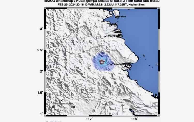 BMKG Laporkan Gempa Tektonik Magnitudo 2,8 Guncang Berau Kaltim