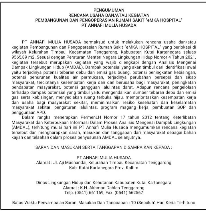 PT Annafi Mulia Husada Umumkan Rencana Pembangunan Rumah Sakit eMKA HOSPITAL di Kukar