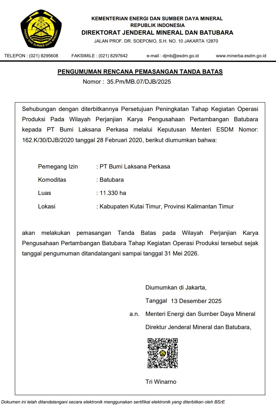 Pengumuman Rencana Pemasangan Tanda Batas WIUP PT Bumi Laksana Perkasa di Kabupaten Kutai Timur
